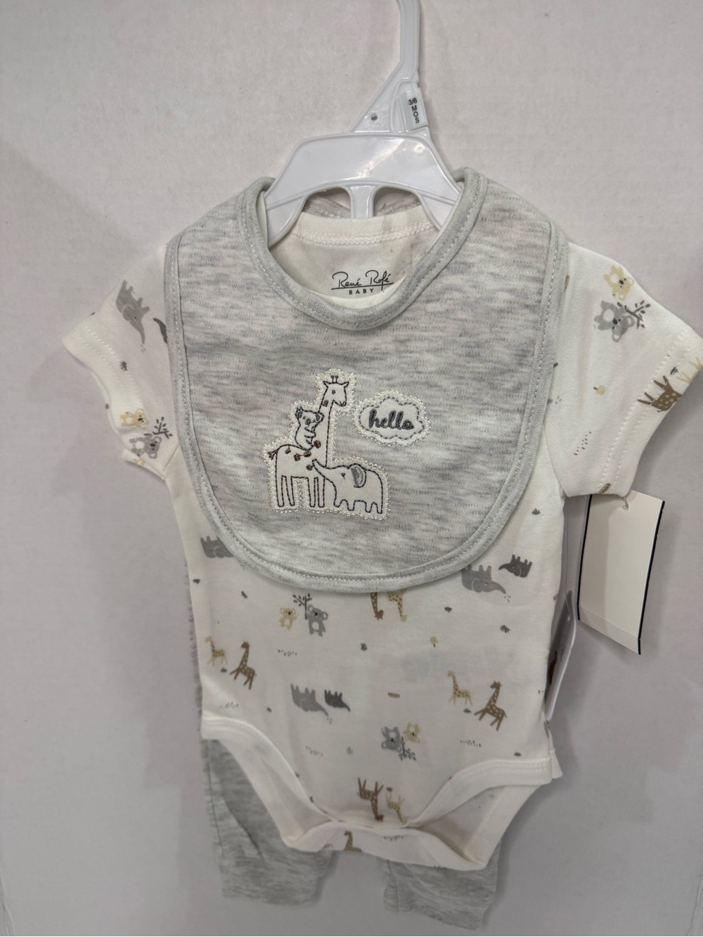 Rene Rofe White and Gray Baby Bodysuit Set with Animal Bib
